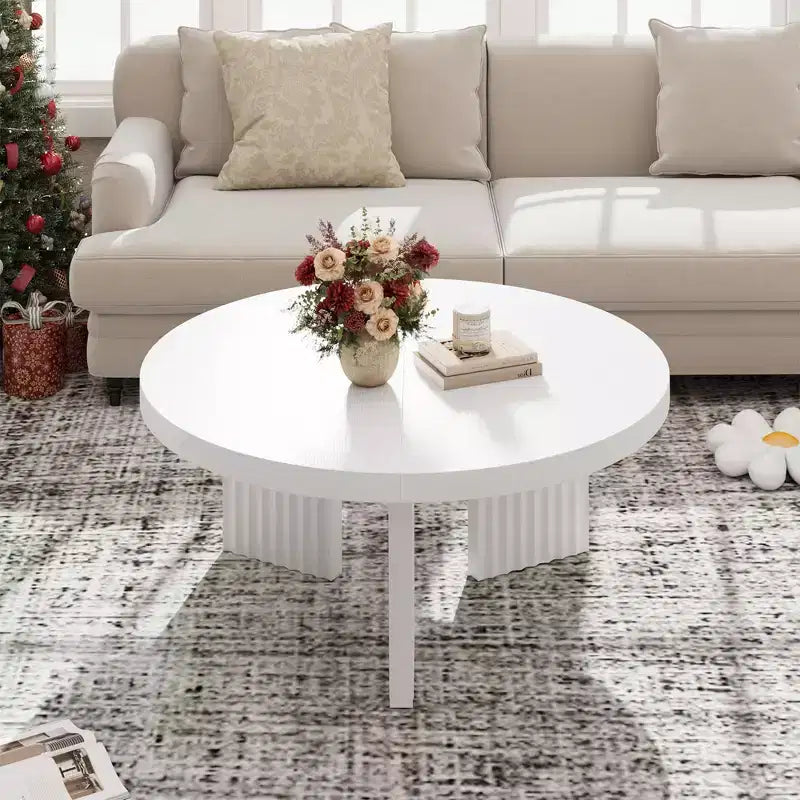 Table basse ronde de 85 cm, table centrale circulaire avec pieds cannelés et plateau de 3,3 cm d'épaisseur, tables d'appoint pour chambre à coucher, salon, montage facile