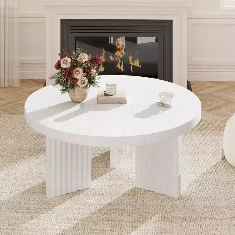Table basse ronde de 85 cm, table centrale circulaire avec pieds cannelés et plateau de 3,3 cm d'épaisseur, tables d'appoint pour chambre à coucher, salon, montage facile
