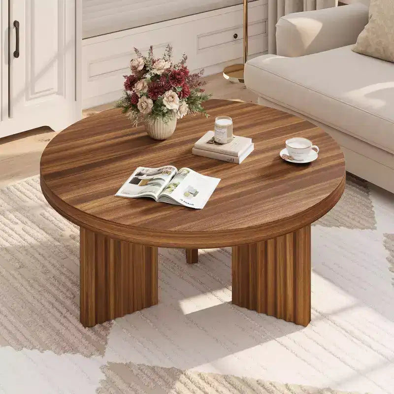 Table basse ronde de 85 cm, table centrale circulaire avec pieds cannelés et plateau de 3,3 cm d'épaisseur, tables d'appoint pour chambre à coucher, salon, montage facile