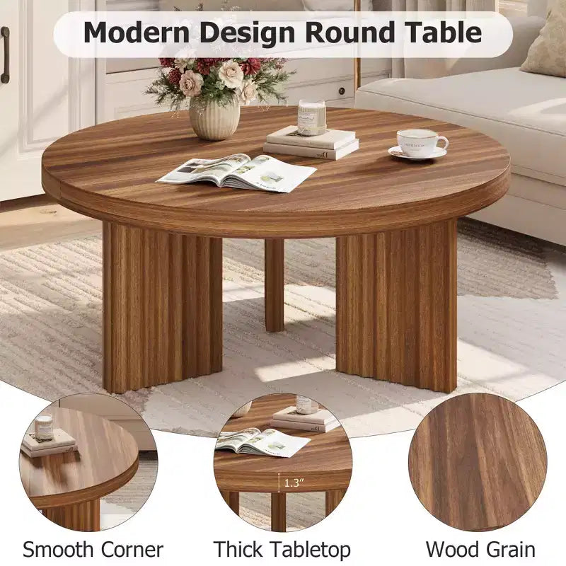 Table basse ronde de 85 cm, table centrale circulaire avec pieds cannelés et plateau de 3,3 cm d'épaisseur, tables d'appoint pour chambre à coucher, salon, montage facile