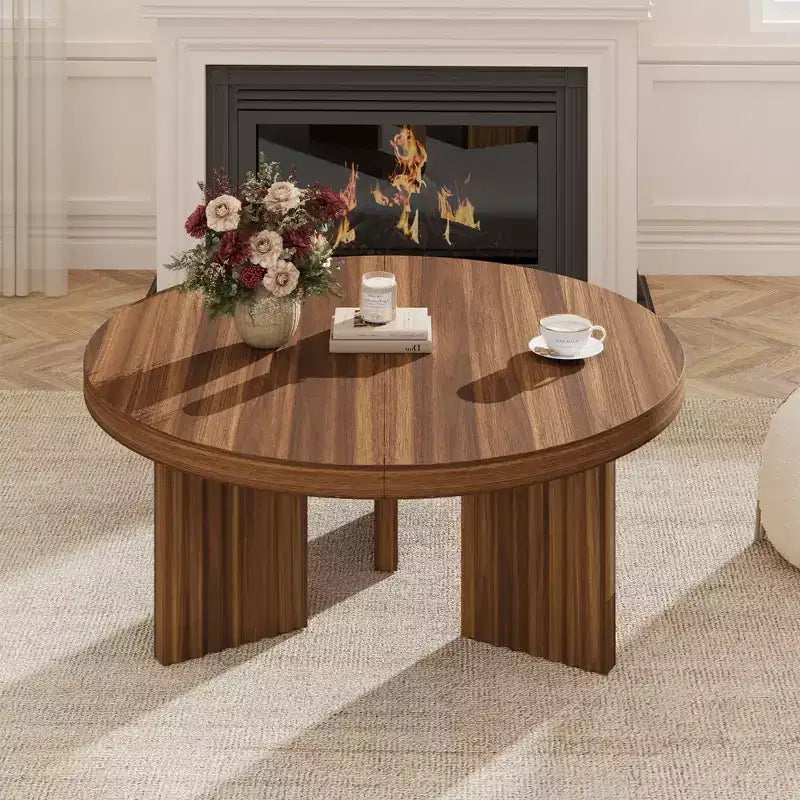 Table basse ronde de 85 cm, table centrale circulaire avec pieds cannelés et plateau de 3,3 cm d'épaisseur, tables d'appoint pour chambre à coucher, salon, montage facile