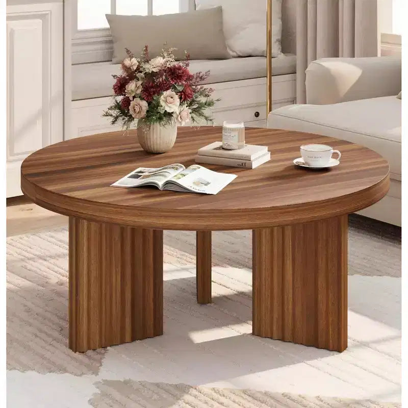 33.5 Round Coffee Table, Circle Center Table with Fluted Legs & 1.3 Thick Top, Accent Cocktail Tables for Bedroom, Living Room, Easy Assembly