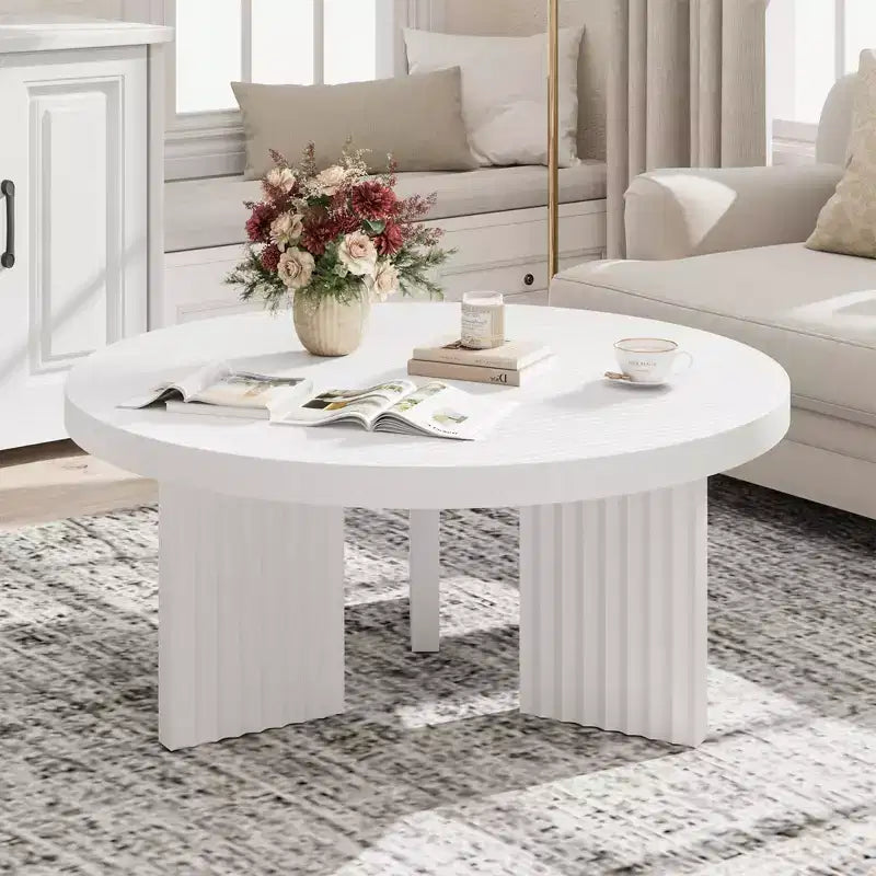 Table basse ronde de 85 cm, table centrale circulaire avec pieds cannelés et plateau de 3,3 cm d'épaisseur, tables d'appoint pour chambre à coucher, salon, montage facile