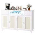Rattan Cabinet Sideboard Buffet, with 2 Drawers, Power Outlet & LED Lights for Dining Room, White