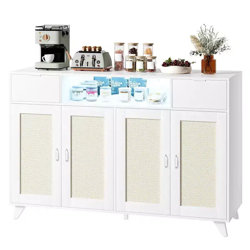 Rattan Cabinet Sideboard Buffet, with 2 Drawers, Power Outlet & LED Lights for Dining Room, White