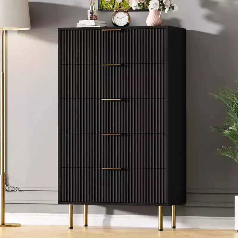 Fluted 5-Drawer Wood Dresser, Tall Chest of Drawers for Bedroom, Black