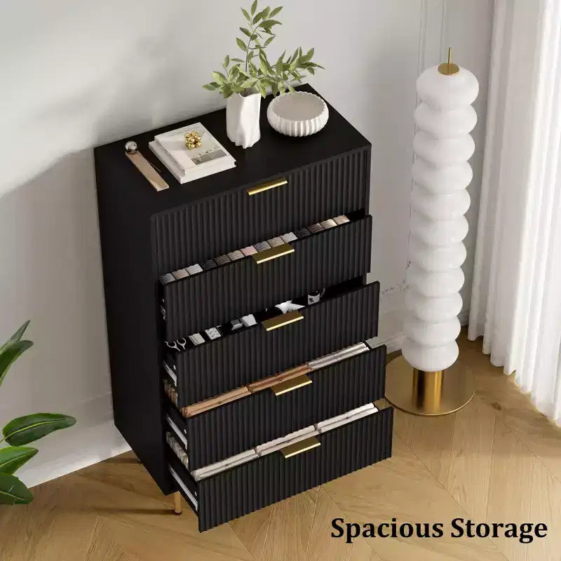 Commode 5 tiroirs en bois cannelé, haute commode de chambre, noire