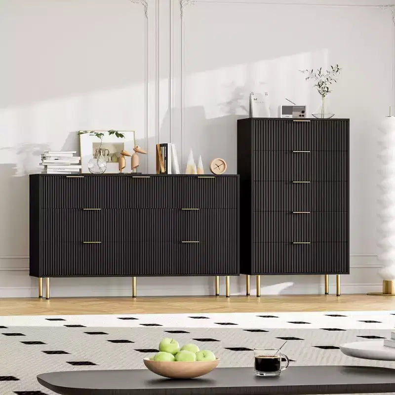 Commode 5 tiroirs en bois cannelé, haute commode de chambre, noire