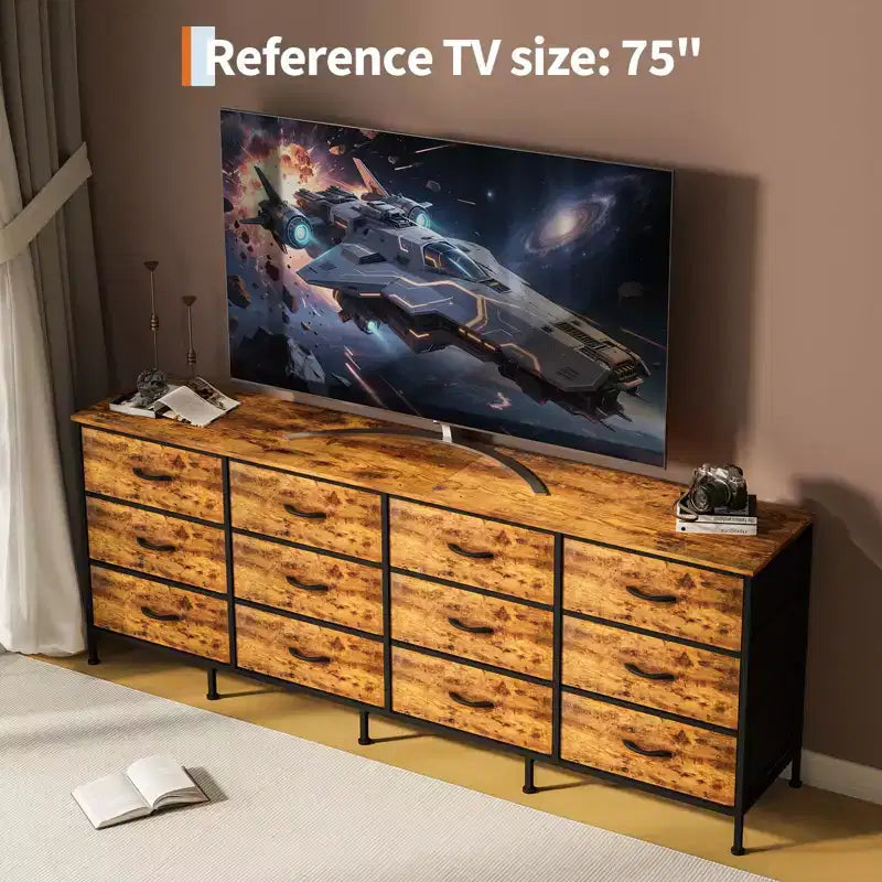 Commode avec 12 tiroirs en tissu et station de charge | Meuble TV extra large pour téléviseurs de 65 à 80 pouces, meuble de rangement pour salon, chambre