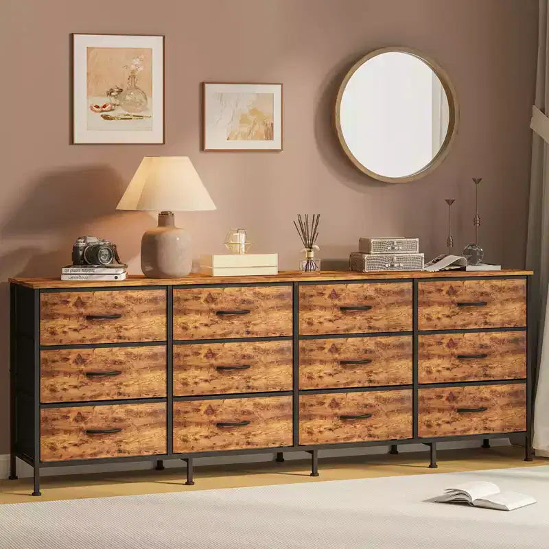 Commode avec 12 tiroirs en tissu et station de charge | Meuble TV extra large pour téléviseurs de 65 à 80 pouces, meuble de rangement pour salon, chambre