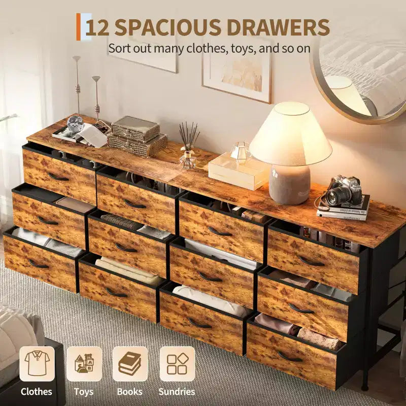 Commode avec 12 tiroirs en tissu et station de charge | Meuble TV extra large pour téléviseurs de 65 à 80 pouces, meuble de rangement pour salon, chambre