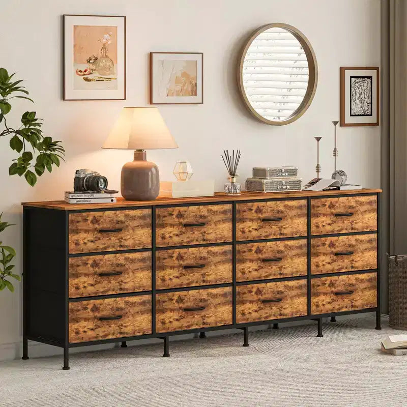 Commode avec 12 tiroirs en tissu et station de charge | Meuble TV extra large pour téléviseurs de 65 à 80 pouces, meuble de rangement pour salon, chambre
