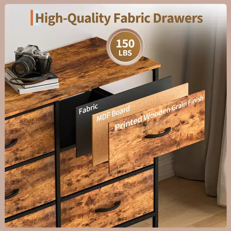 Commode avec 12 tiroirs en tissu et station de charge | Meuble TV extra large pour téléviseurs de 65 à 80 pouces, meuble de rangement pour salon, chambre