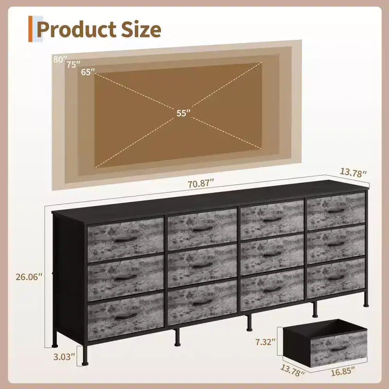 Commode avec 12 tiroirs en tissu et station de charge | Meuble TV extra large pour téléviseurs de 65 à 80 pouces, meuble de rangement pour salon, chambre