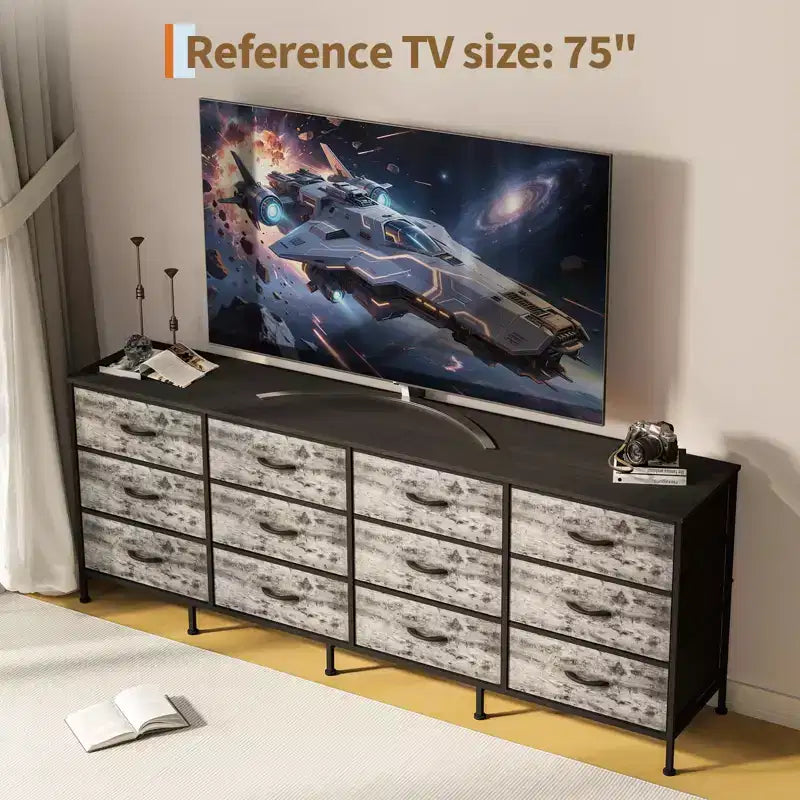 Commode avec 12 tiroirs en tissu et station de charge | Meuble TV extra large pour téléviseurs de 65 à 80 pouces, meuble de rangement pour salon, chambre