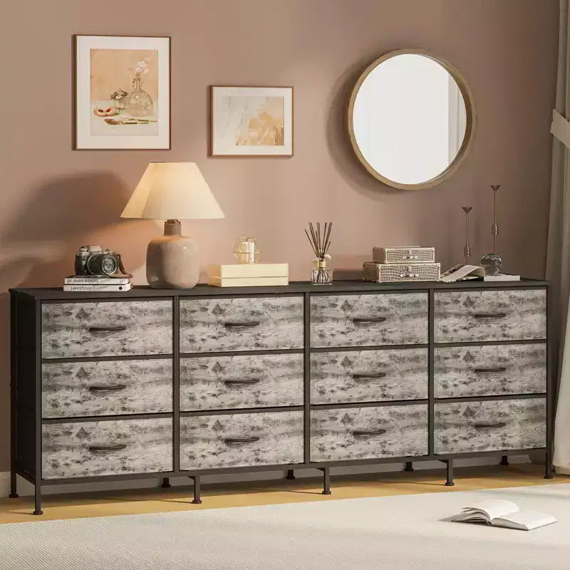Commode avec 12 tiroirs en tissu et station de charge | Meuble TV extra large pour téléviseurs de 65 à 80 pouces, meuble de rangement pour salon, chambre
