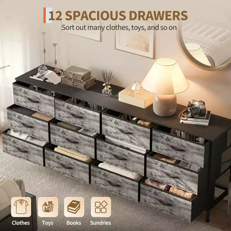 Commode avec 12 tiroirs en tissu et station de charge | Meuble TV extra large pour téléviseurs de 65 à 80 pouces, meuble de rangement pour salon, chambre