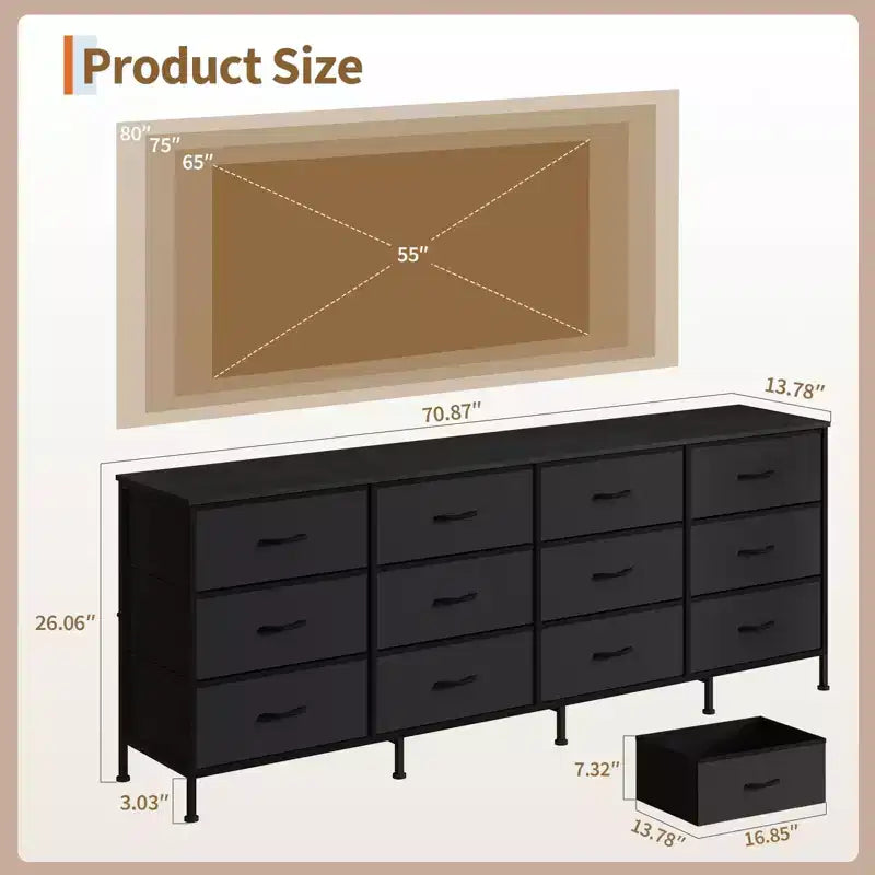 Commode avec 12 tiroirs en tissu et station de charge | Meuble TV extra large pour téléviseurs de 65 à 80 pouces, meuble de rangement pour salon, chambre