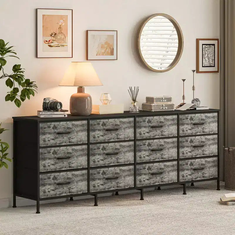 Commode avec 12 tiroirs en tissu et station de charge | Meuble TV extra large pour téléviseurs de 65 à 80 pouces, meuble de rangement pour salon, chambre
