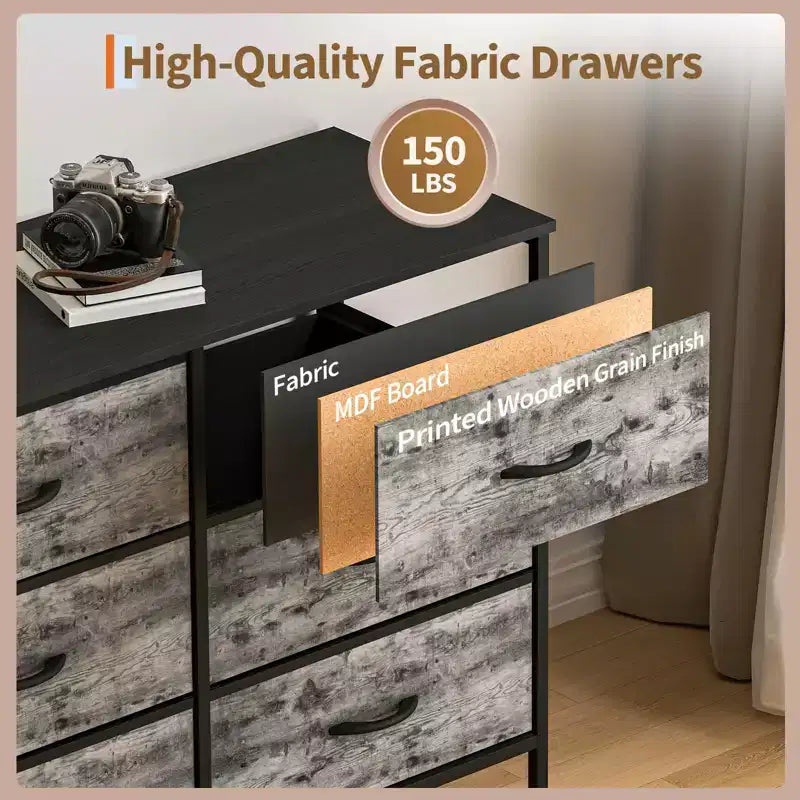 Commode avec 12 tiroirs en tissu et station de charge | Meuble TV extra large pour téléviseurs de 65 à 80 pouces, meuble de rangement pour salon, chambre