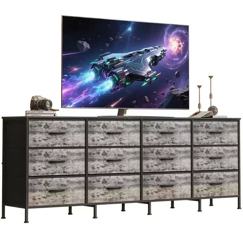 Commode avec 12 tiroirs en tissu et station de charge | Meuble TV extra large pour téléviseurs de 65 à 80 pouces, meuble de rangement pour salon, chambre