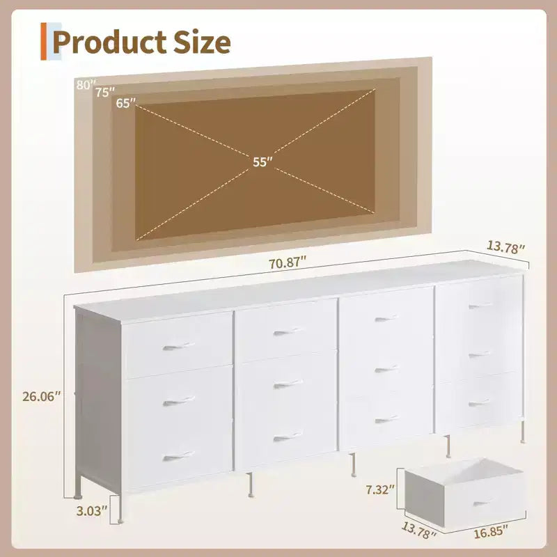 Commode avec 12 tiroirs en tissu et station de charge | Meuble TV extra large pour téléviseurs de 65 à 80 pouces, meuble de rangement pour salon, chambre