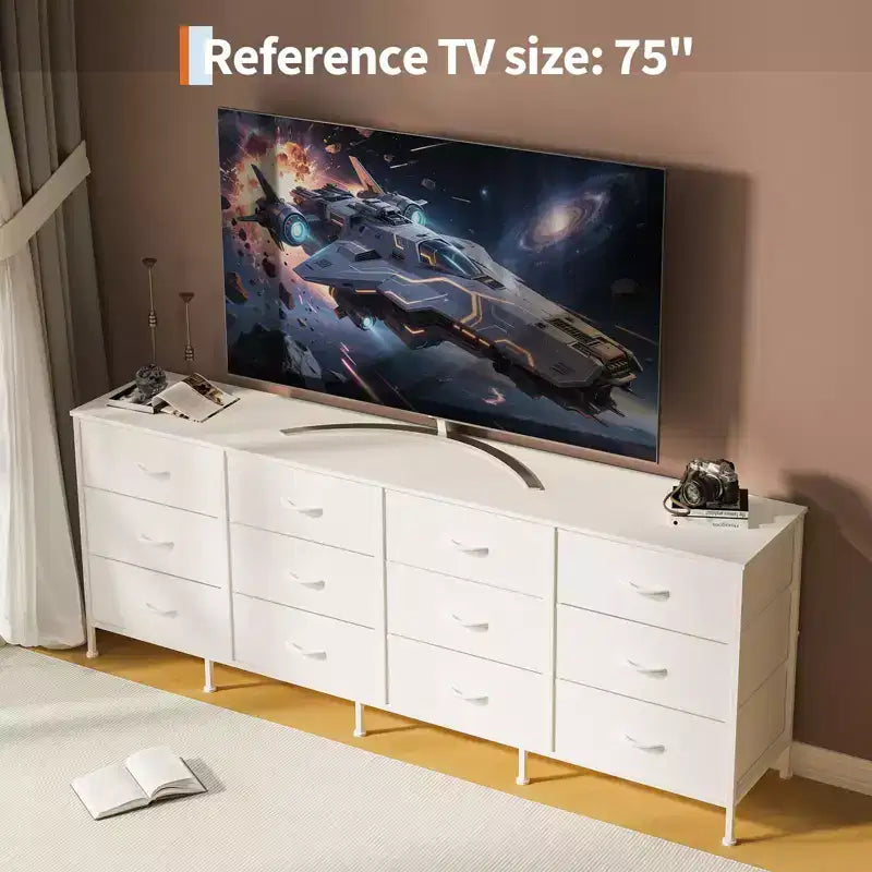 Commode avec 12 tiroirs en tissu et station de charge | Meuble TV extra large pour téléviseurs de 65 à 80 pouces, meuble de rangement pour salon, chambre