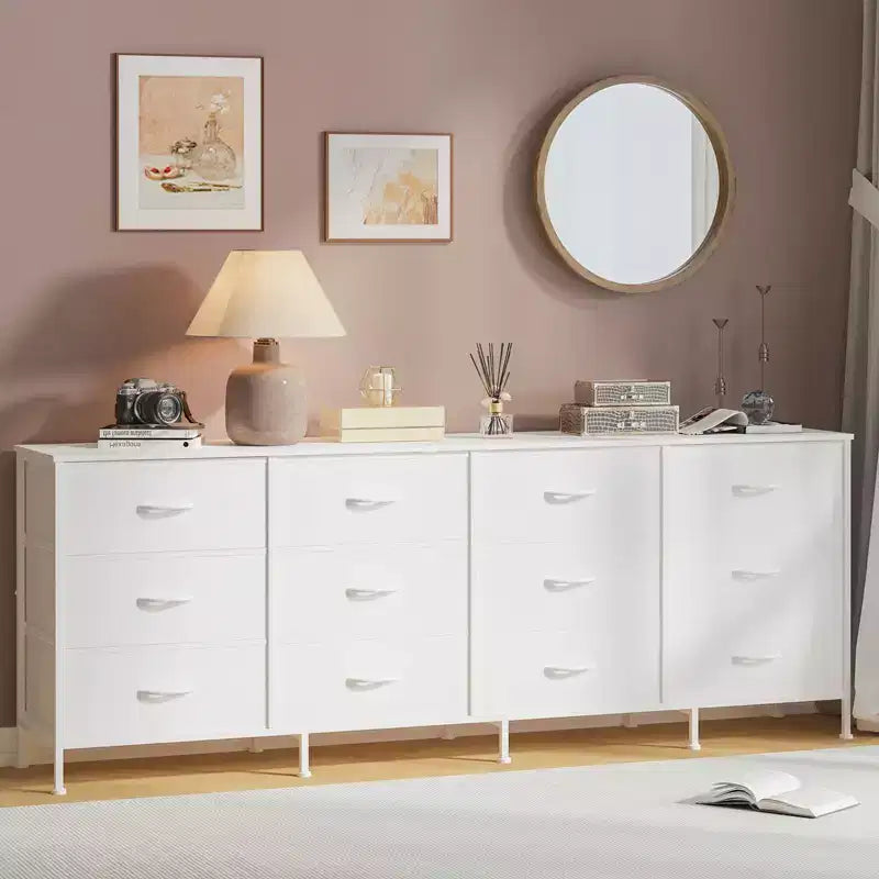 Commode avec 12 tiroirs en tissu et station de charge | Meuble TV extra large pour téléviseurs de 65 à 80 pouces, meuble de rangement pour salon, chambre