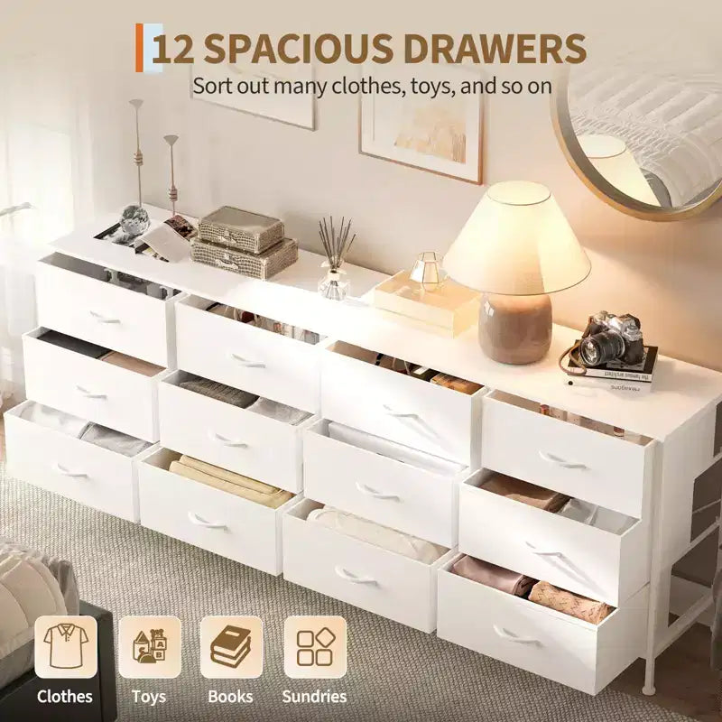 Commode avec 12 tiroirs en tissu et station de charge | Meuble TV extra large pour téléviseurs de 65 à 80 pouces, meuble de rangement pour salon, chambre
