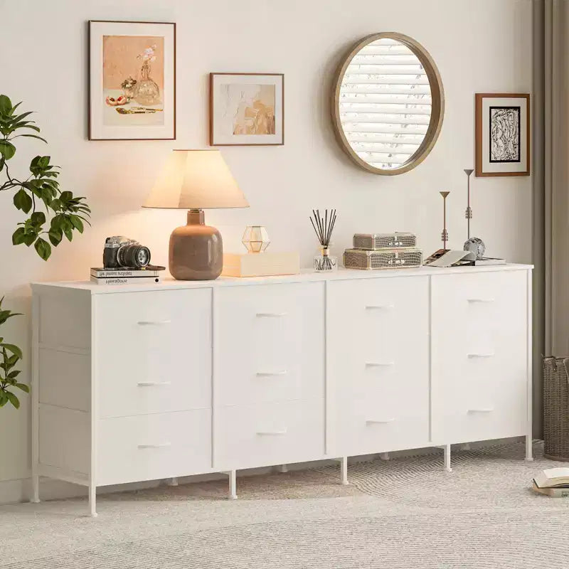 Commode avec 12 tiroirs en tissu et station de charge | Meuble TV extra large pour téléviseurs de 65 à 80 pouces, meuble de rangement pour salon, chambre