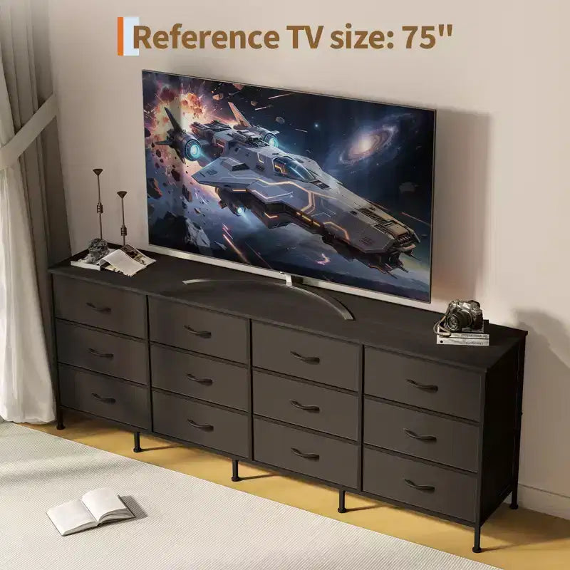 Commode avec 12 tiroirs en tissu et station de charge | Meuble TV extra large pour téléviseurs de 65 à 80 pouces, meuble de rangement pour salon, chambre