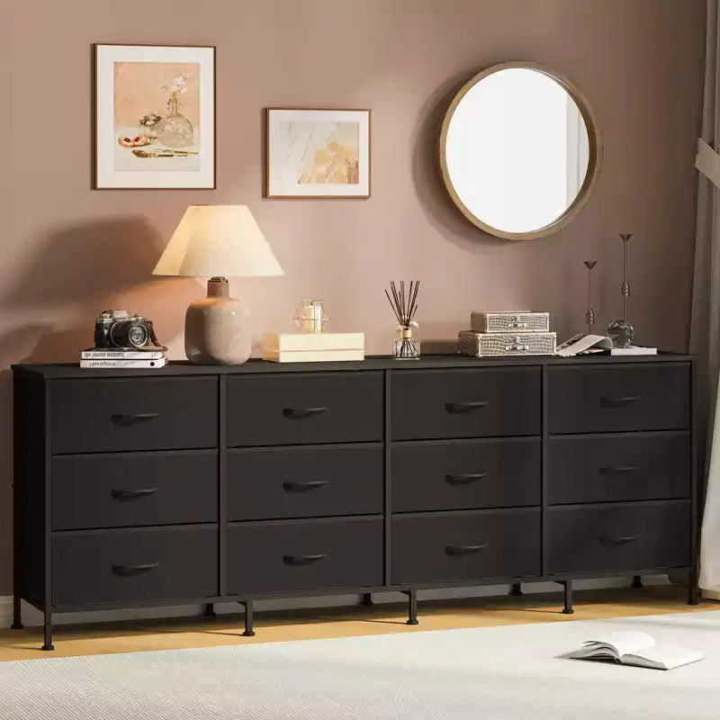 Commode avec 12 tiroirs en tissu et station de charge | Meuble TV extra large pour téléviseurs de 65 à 80 pouces, meuble de rangement pour salon, chambre