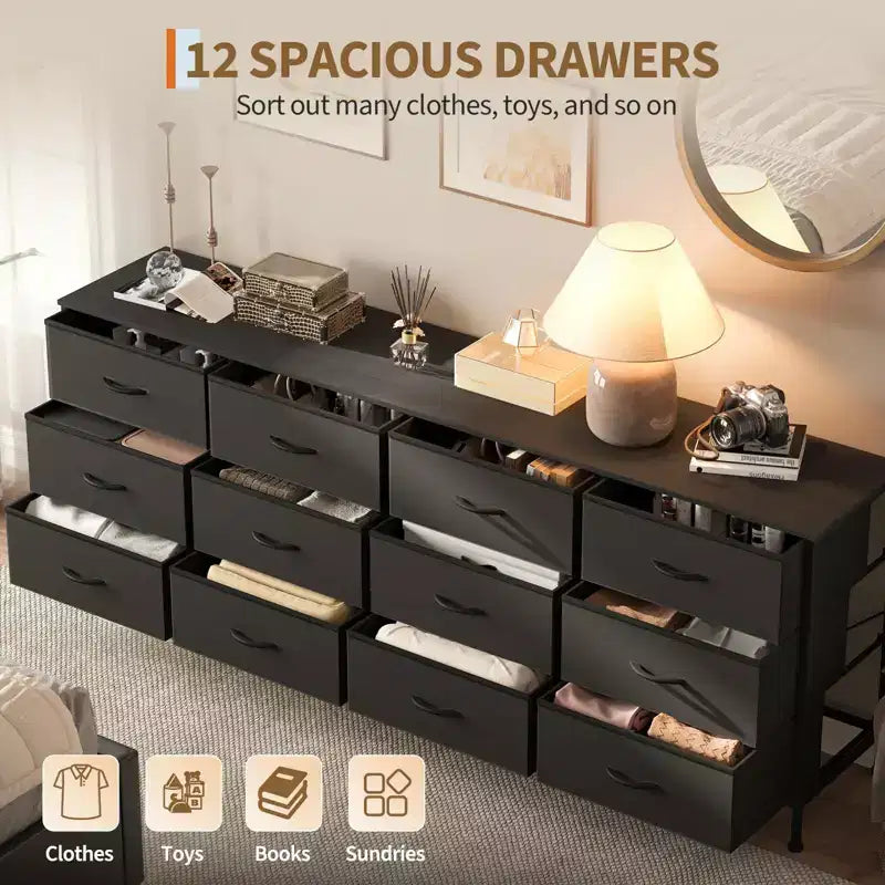 Commode avec 12 tiroirs en tissu et station de charge | Meuble TV extra large pour téléviseurs de 65 à 80 pouces, meuble de rangement pour salon, chambre