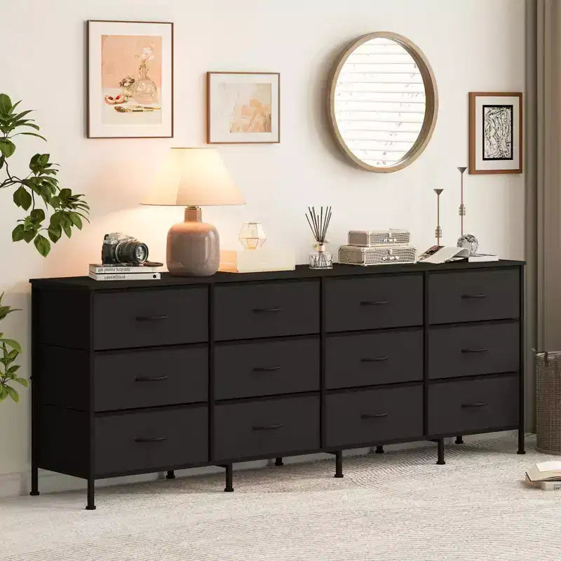 Commode avec 12 tiroirs en tissu et station de charge | Meuble TV extra large pour téléviseurs de 65 à 80 pouces, meuble de rangement pour salon, chambre
