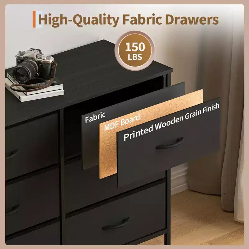 Commode avec 12 tiroirs en tissu et station de charge | Meuble TV extra large pour téléviseurs de 65 à 80 pouces, meuble de rangement pour salon, chambre