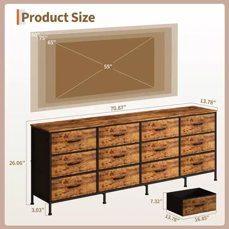 Commode avec 12 tiroirs en tissu et station de charge | Meuble TV extra large pour téléviseurs de 65 à 80 pouces, meuble de rangement pour salon, chambre