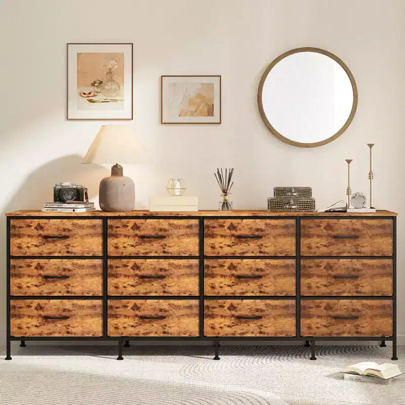 Commode avec 12 tiroirs en tissu et station de charge | Meuble TV extra large pour téléviseurs de 65 à 80 pouces, meuble de rangement pour salon, chambre
