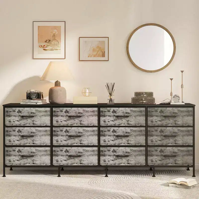Commode avec 12 tiroirs en tissu et station de charge | Meuble TV extra large pour téléviseurs de 65 à 80 pouces, meuble de rangement pour salon, chambre
