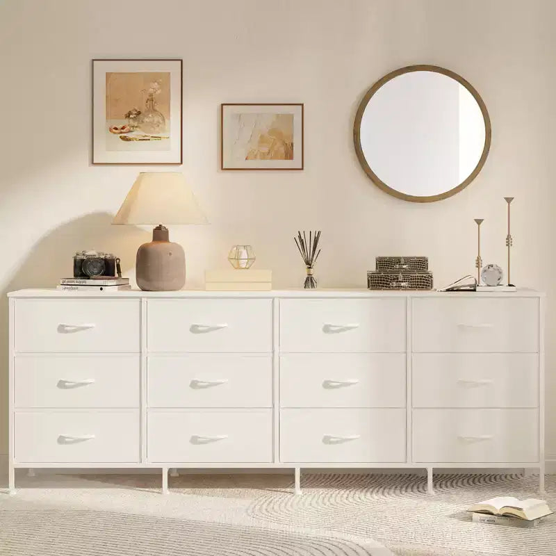 Commode avec 12 tiroirs en tissu et station de charge | Meuble TV extra large pour téléviseurs de 65 à 80 pouces, meuble de rangement pour salon, chambre