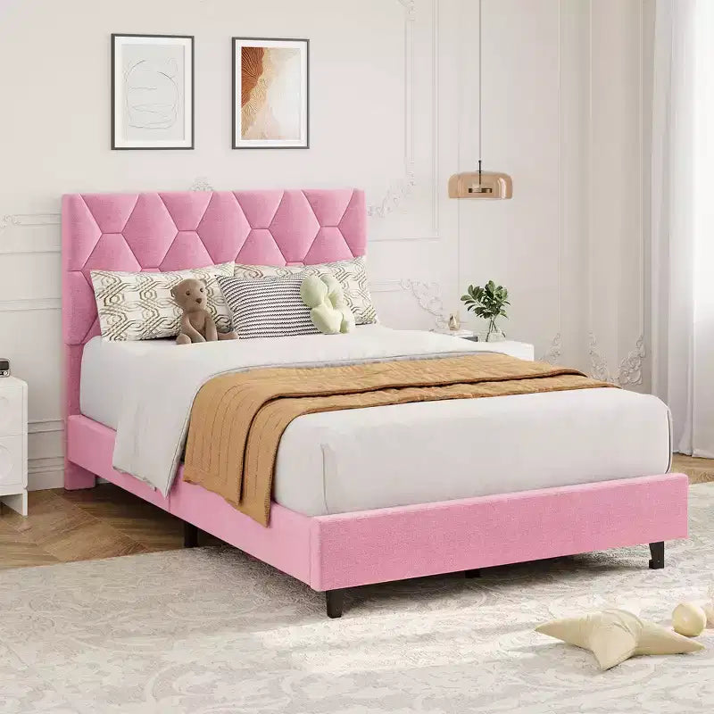 Bed Frame with Upholstered Headboard ,No Box Spring Needed, Noise Free, Easy Assembly, Pink