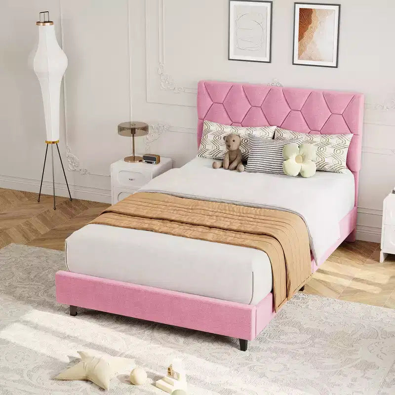 Cadre de lit avec tête de lit rembourrée, aucun sommier tapissier requis, silencieux, montage facile, rose