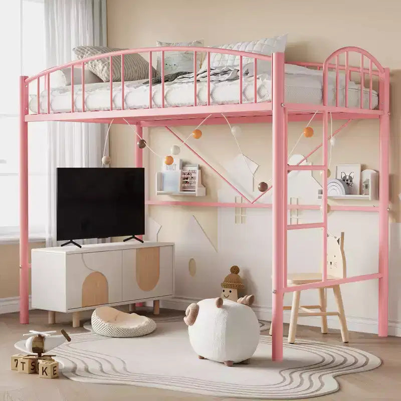 Lit mezzanine double moderne en métal, peu encombrant, usage intensif, garde-corps arqué, échelle de sécurité, sommier tapissier non requis – Noir mat ou gris