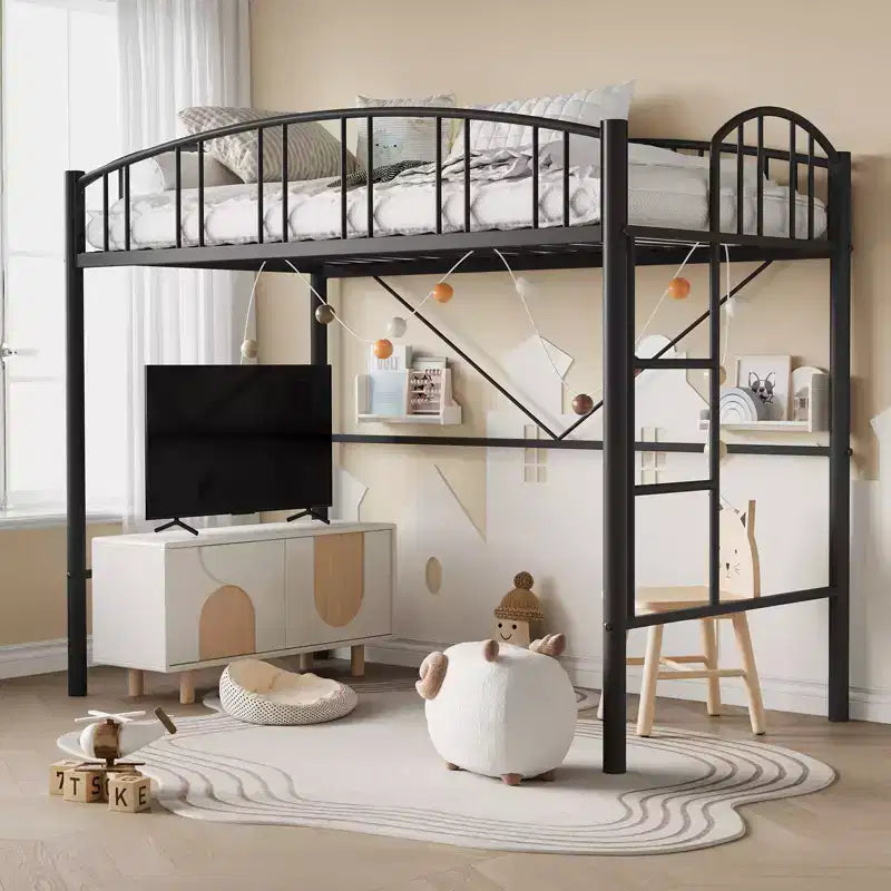 Lit mezzanine double moderne en métal, peu encombrant, usage intensif, garde-corps arqué, échelle de sécurité, sommier tapissier non requis – Noir mat ou gris