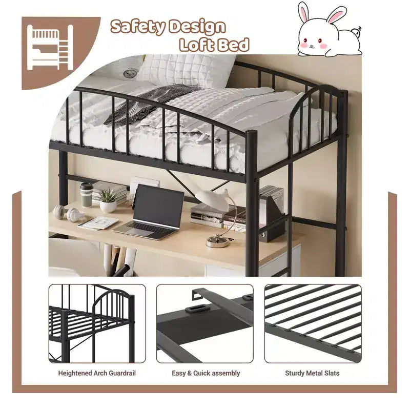 Lit mezzanine double moderne en métal, peu encombrant, usage intensif, garde-corps arqué, échelle de sécurité, sommier tapissier non requis – Noir mat ou gris