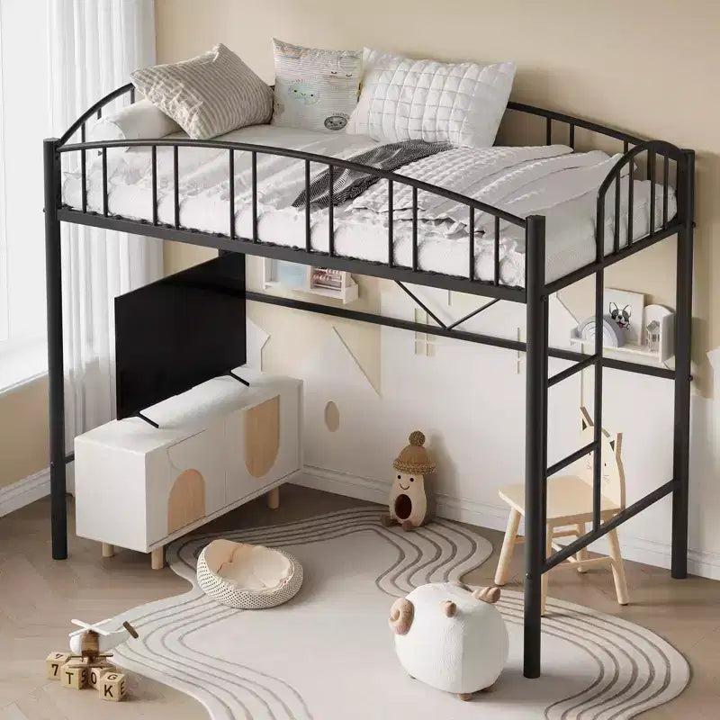 Lit mezzanine double moderne en métal, peu encombrant, usage intensif, garde-corps arqué, échelle de sécurité, sommier tapissier non requis – Noir mat ou gris