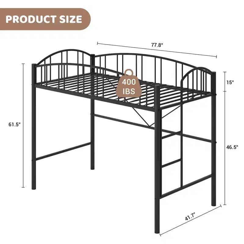 Lit mezzanine double moderne en métal, peu encombrant, usage intensif, garde-corps arqué, échelle de sécurité, sommier tapissier non requis – Noir mat ou gris