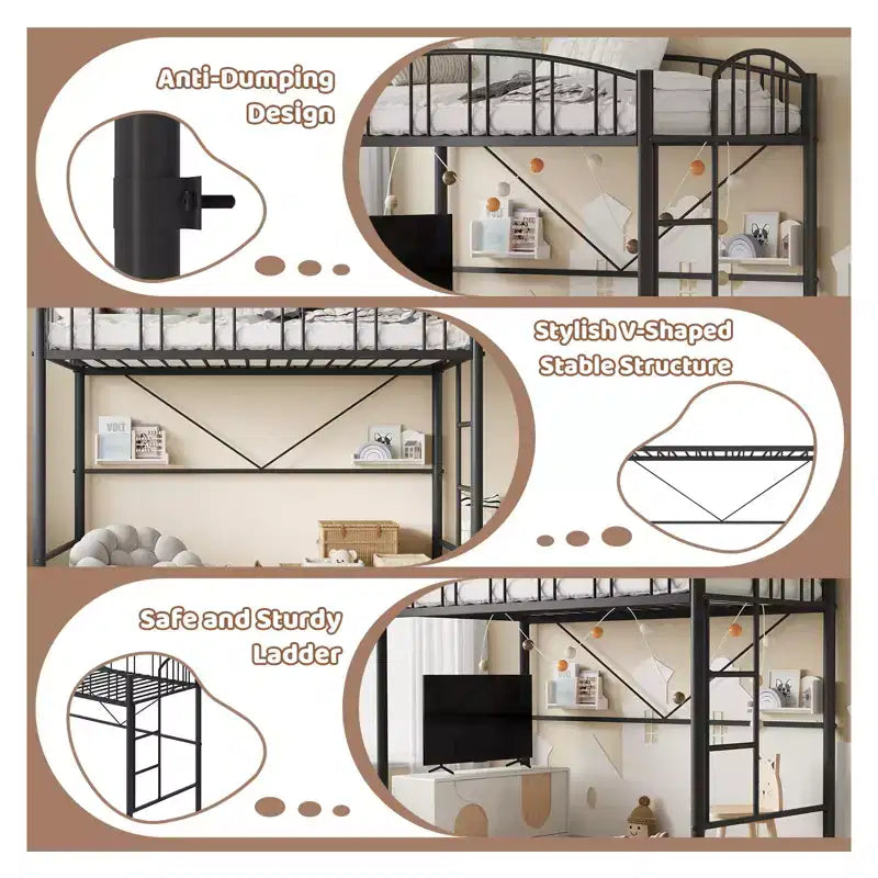Lit mezzanine double moderne en métal, peu encombrant, usage intensif, garde-corps arqué, échelle de sécurité, sommier tapissier non requis – Noir mat ou gris