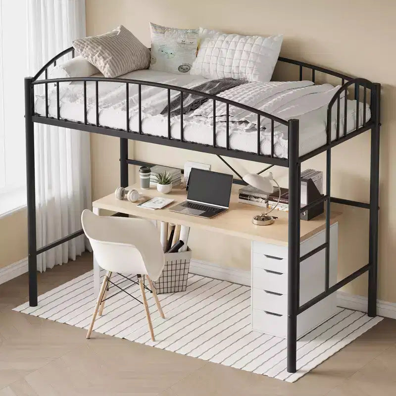 Lit mezzanine double moderne en métal, peu encombrant, usage intensif, garde-corps arqué, échelle de sécurité, sommier tapissier non requis – Noir mat ou gris