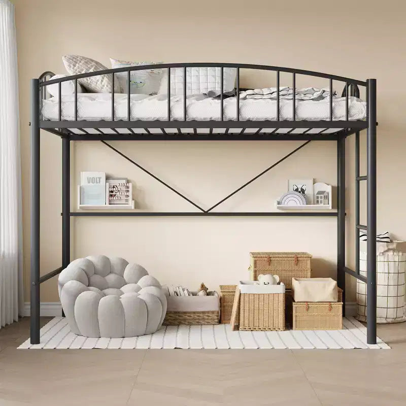 Modern Space-Saving Twin Metal Loft Bed Frame  Heavy Duty, Arched Guardrail, Safety Ladder, No Box Seasonal Needed  Matte Black or Gray
