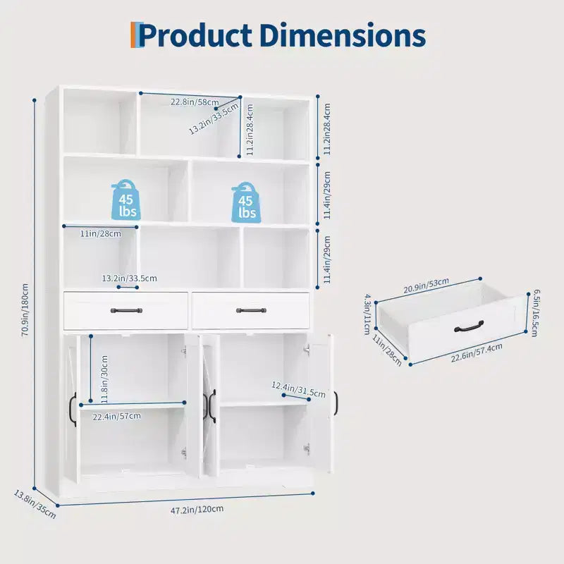 Bibliothèque haute de 180 cm avec 2 tiroirs et 4 portes, grande étagère de rangement moderne à 6 niveaux de 120 cm de large avec étagères pour salon, bureau à domicile